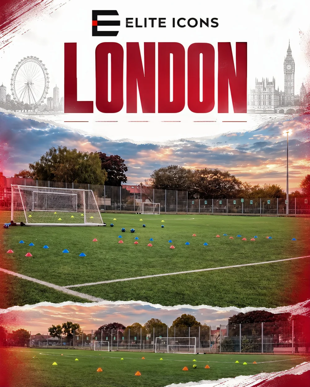 Elite Icons London training grounds: floodlit pitch prepared with goals, footballs and cones
